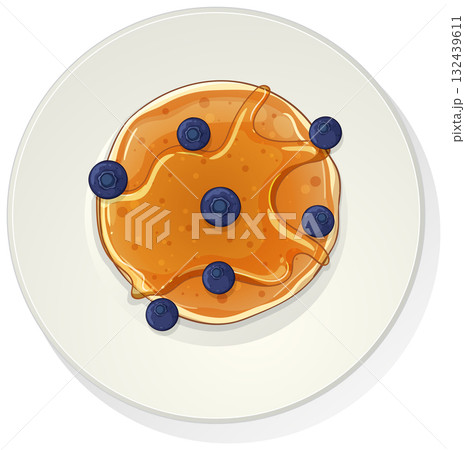 Blueberry Pancake with Syrup on White Plate Top View 132439611