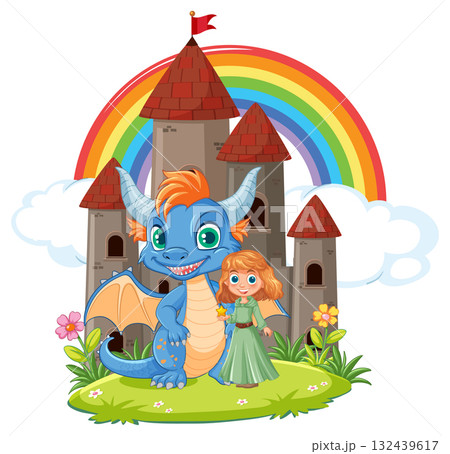 Friendly Blue Dragon and Princess Outside Fantasy Castle Friendly Blue Dragon and Princess Outside Fantasy Castle 132439617