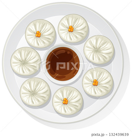 Steamed Asian Dumplings with Dipping Sauce on Plate 132439639