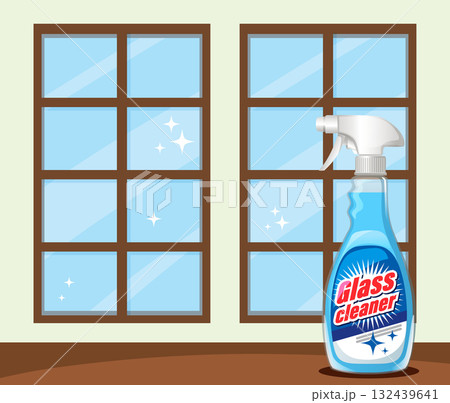 Glass Cleaner Spray Bottle in Front of Shiny Windows 132439641