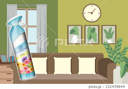 Air Freshener Spray in Modern Living Room Interior Air Freshener Spray in Modern Living Room Interior 132439644