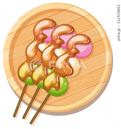 Colorful Dango Skewers with Sweet Sauce on Wooden Plate 132439661
