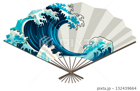 Japanese Folding Fan with Stylized Ocean Wave Illustration 132439664