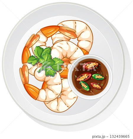 Boiled Shrimp with Spicy Dipping Sauce on White Plate 132439665