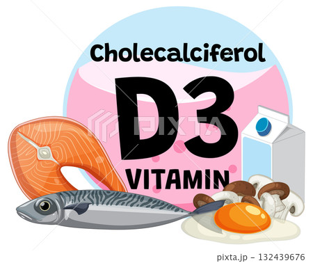Vitamin D3 Food Sources with Cholecalciferol Label Vector 132439676
