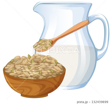 Oatmeal Breakfast with Wooden Bowl and Milk Pitcher 132439699