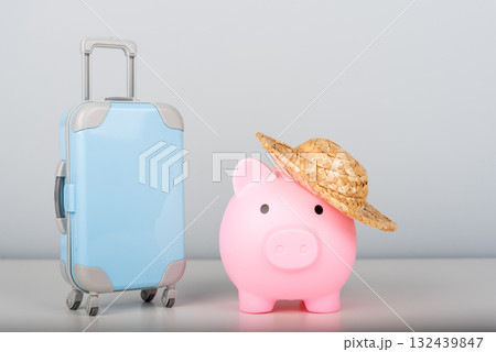Piggy bank with a straw hat and a suitcase on a minimalist background 132439847