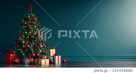 Christmas Tree with Decorations And Gift background, Happy Christmas Day - Ai Generated Christmas Tree with Decorations And Gift background, Happy Christmas Day - Ai Generated 132439880