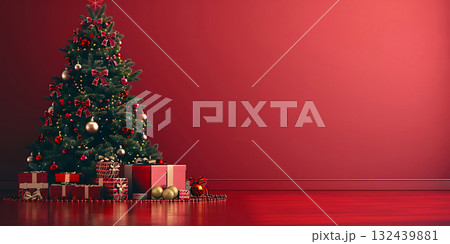 Christmas Tree with Decorations And Gift background, Happy Christmas Day - Ai Generated 132439881