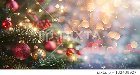 Christmas decoration background with Trees, Garlands, Balls, Happy Christmas Day - Ai Generated Christmas decoration background with Trees, Garlands, Balls, Happy Christmas Day - Ai Generated 132439927