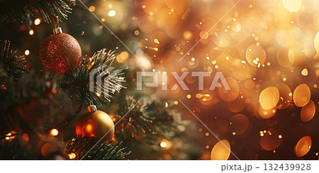 Christmas decoration background with Trees, Garlands, Balls, Happy Christmas Day - Ai Generated 132439928