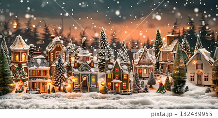 Christmas village with Snow background, Happy Christmas Day - Ai Generated 132439955