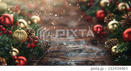 Christmas wooden decoration ornament horizontal with copy space background, Happy Christmas Day - Ai Generated Christmas wooden decoration ornament horizontal with copy space background, Happy Christmas Day - Ai Generated 132439963