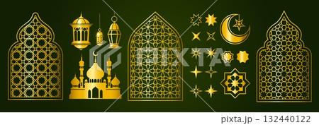 Golden Arabic mosque and window frames set Golden Arabic mosque and window frames set 132440122