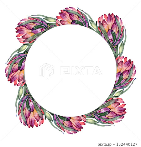 Watercolor floral wreath with protea flowers and green leaves, round botanical frame for wedding invitations, greeting cards, logo design, natural floral border, hand-painted illustration on white 132440127