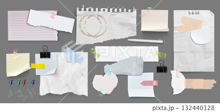 Ripped paper pieces and sticker notes on grey 132440128