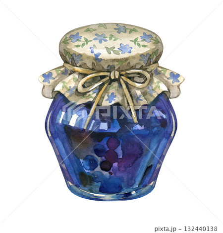 Home made blueberry jam illustration. Watercolor jam jar design isolated on a white background. Forrest berries sweets. Handmade rustic jam. Home made blueberry jam illustration. Watercolor jam jar design isolated on a white background. Forrest berries sweets. Handmade rustic jam. 132440138
