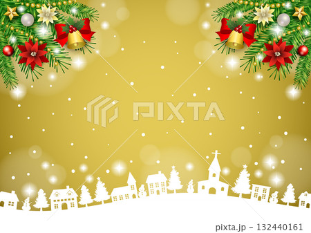 クリスマス背景、町並みシルエット、金、かわいい、イラスト、横 クリスマス背景、町並みシルエット、金、かわいい、イラスト、横 132440161