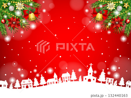 クリスマス背景、町並みシルエット、赤、かわいい、イラスト、横 132440163