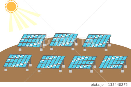 メガソーラー施設｜太陽光パネルが並ぶ風景イラスト素材 132440273