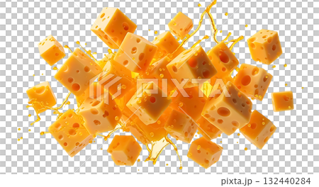 Cubes of Swiss cheese splashing in golden liquid isolated on a transparent background diced food Cubes of Swiss cheese splashing in golden liquid isolated on a transparent background diced food 132440284