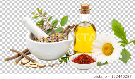 Mortar pestle with herbs oil bottle and chamomile flower isolated on a transparent background Mortar pestle with herbs oil bottle and chamomile flower isolated on a transparent background 132440287