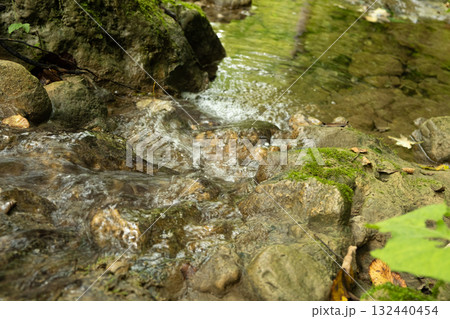 Tranquil Mountain Stream Flowing Over Rocks Tranquil Mountain Stream Flowing Over Rocks 132440454