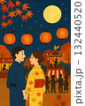 秋祭りの夜を楽しむ浴衣姿の男女のイラスト 132440520