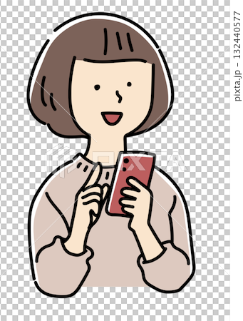 スマホを操作する笑顔の女性のバストアップ_カラー スマホを操作する笑顔の女性のバストアップ_カラー 132440577