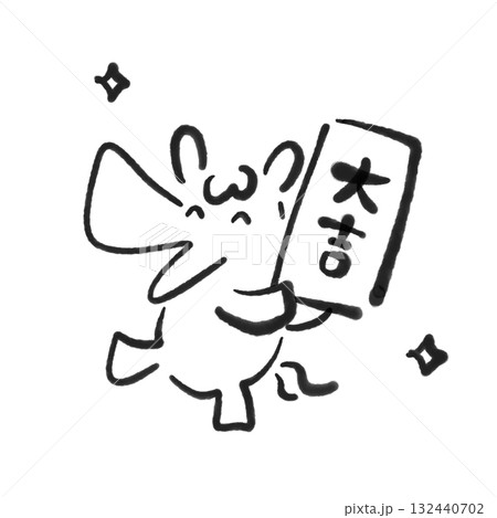 おみくじで大吉を引いて喜ぶ馬　正月素材　墨絵　モノクロ 132440702