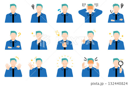 カジュアルな雰囲気のビジネスマンの表情イラストセット。フラットデザイン。 132440824