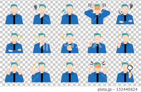 カジュアルな雰囲気のビジネスマンの表情イラストセット。フラットデザイン。 132440824