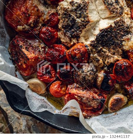 Baked Tomatoes and Cheese in Cast Iron Skillet 132441137