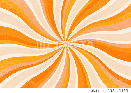 Retro sun background with pattern of groovy radial rays. Textured carnival summer psychedelic bg. Abstract 70s wavy striped orange grunge poster. 132441156