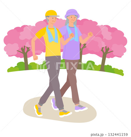 高齢の女性が桜の木の下をウォーキングするイラスト 132441159
