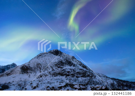 Aurora Borealis. Northern lights and starry sky. Nature on the north. Scandinavian countries. Aurora Borealis. Northern lights and starry sky. Nature on the north. Scandinavian countries. 132441186