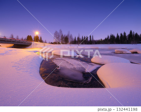 Nature in the north. Scandinavia. Winter wonderland. Frozen river and fluffy snow. Nature in the north. Scandinavia. Winter wonderland. Frozen river and fluffy snow. 132441198