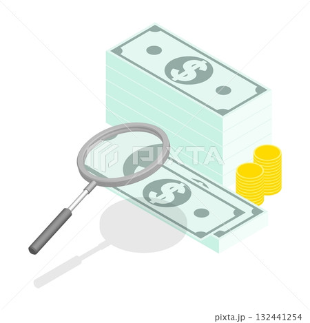 Isometric concept. Examining counterfeit dollars with a magnifying glass. Disclosure of financial crimes. Realistic 3D vector 132441254