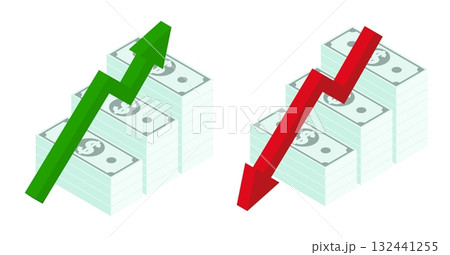 Isometric rising and falling chart of the US dollar exchange rate. Isolated cartoon vector on white background top view Isometric rising and falling chart of the US dollar exchange rate. Isolated cartoon vector on white background top view 132441255
