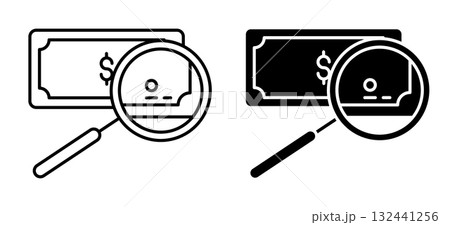 Linear icon. Expert examines a counterfeit banknote with a magnifying glass. Simple black and white vector isolated on white background 132441256