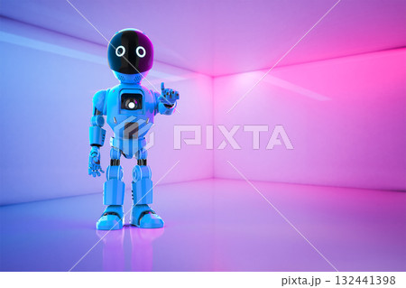 Cute and small artificial intelligence personal assistant robot finger point isolated 132441398