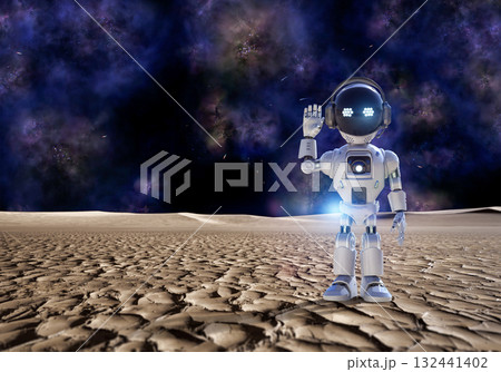 Artificial intelligence robot or robotic astronaut hand up for greeting from outer space 132441402