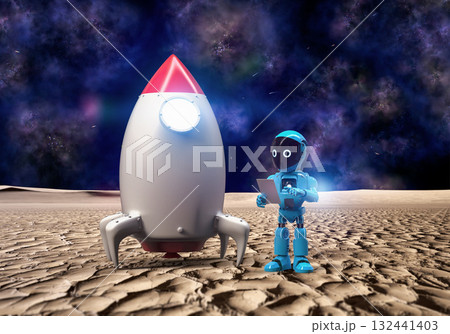 Artificial intelligence robot with space shuttle on planet 132441403