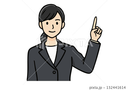 左を指差して説明するビジネスウーマン（上半身・シンプルカラー） 132441614