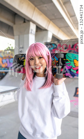 スケートボードを持つ若い女性(AI生成画像) スケートボードを持つ若い女性(AI生成画像) 132441734