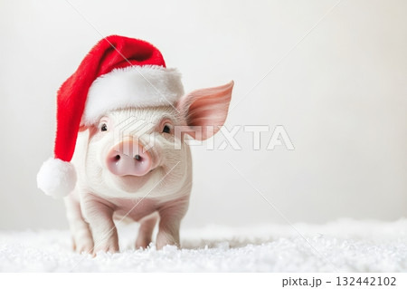 Cute little pig in Santa Claus hat on white background with copy space Cute little pig in Santa Claus hat on white background with copy space 132442102
