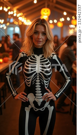 The image shows a woman in a jumpsuit with a skeleton on it 132442337