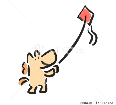 凧あげをして遊ぶ馬　正月素材　墨絵 132442428