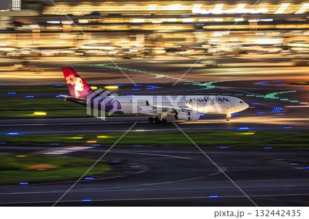 夜の羽田空港　着陸中の飛行機　東京都大田区 132442435