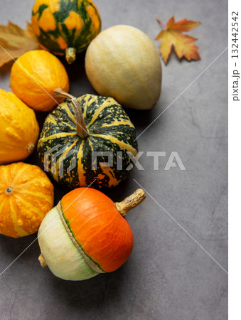 Autumn gourds and leaves creating a seasonal still life Autumn gourds and leaves creating a seasonal still life 132442542